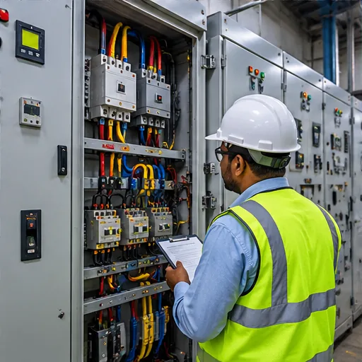 Illustrative engineer inspecting electrical switchgear